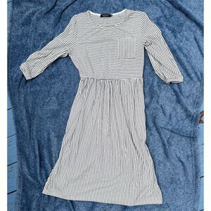 M Black & White Striped Midi Dress 3/4 Balloon Sleeve